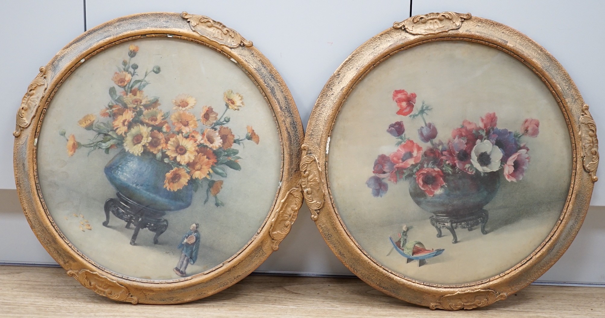 Elizabeth King, two colour prints, Marigolds and Anemones, tondo 37cm